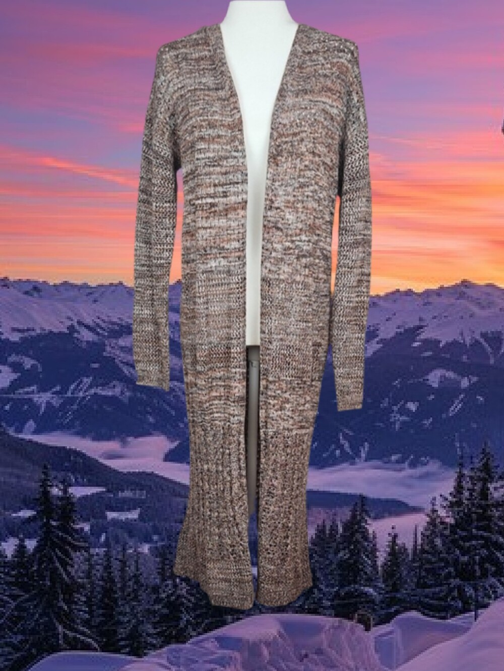 Marled Knit Long Cardigan Sweater Cognac Milk Chocolate Brown Tan Fall Autumn, M